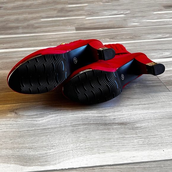 New BBLAN Red Suede Heeled Fashion Booties, Knit Fold-Over, Gold Accents US 7.5 - Picture 7 of 7